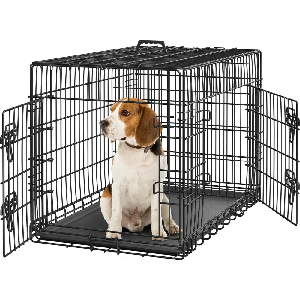Yah 42in Double Door Dog Crate with Divider,Collapsible Metal Kennel with Removable Tray for Large Dogs Portable Travel,Black