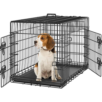 Yah 42in Double Door Dog Crate with Divider,Collapsible Metal Kennel with Removable Tray for Large Dogs Portable Travel,Black