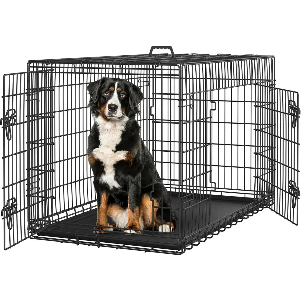 Yah 42in Double Door Dog Crate with Divider,Collapsible Metal Kennel with Removable Tray for Large Dogs Portable Travel,Black