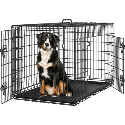 Yah 42in Double Door Dog Crate with Divider,Collapsible Metal Kennel with Removable Tray for Large Dogs Portable Travel,Black