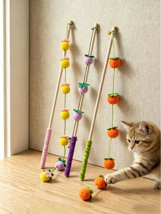 2pcs Colorful Cat Teaser Wands With Bells Interactive Plush Ball Toys For Adult Cats