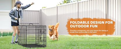 Yah 42in Double Door Dog Crate with Divider,Collapsible Metal Kennel with Removable Tray for Large Dogs Portable Travel,Black