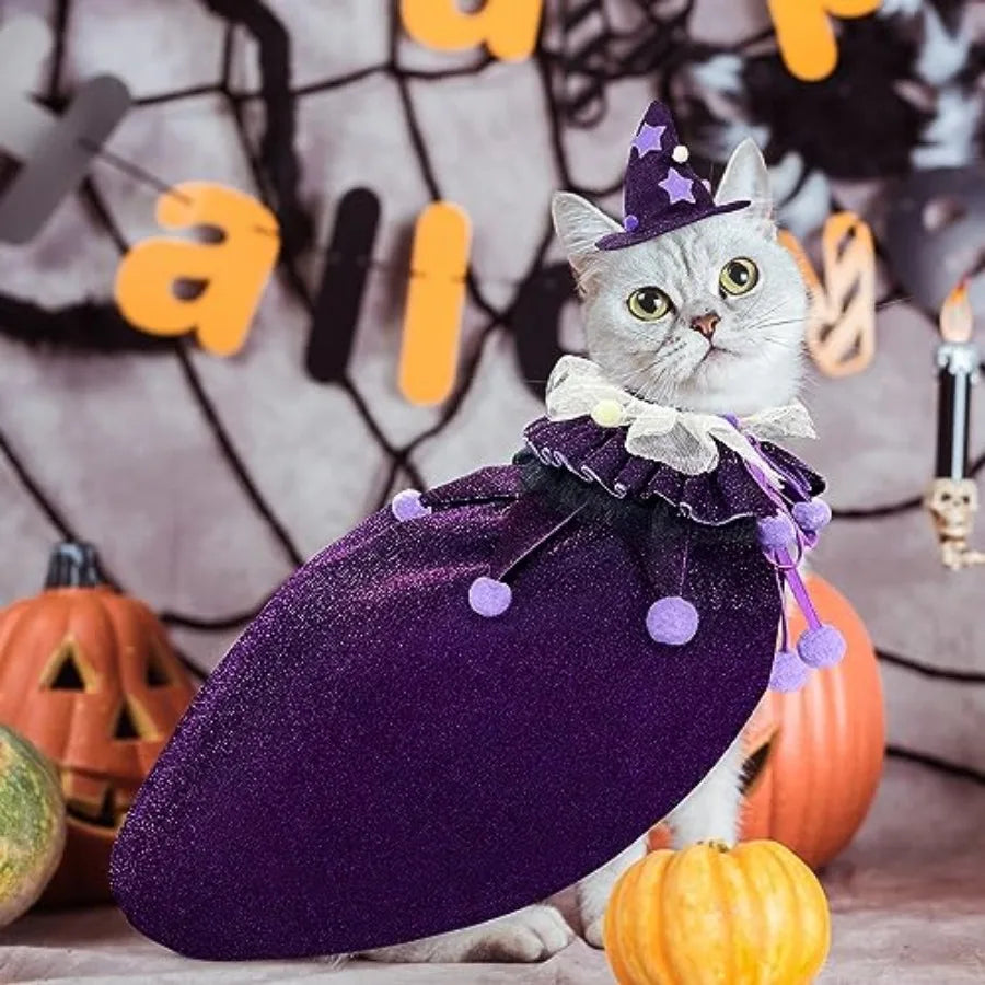 Pet Halloween Costume with Hat, Dog Clothes Cosplay Wizard Cloak for Small Puppy Kitten Animal, Shiny Cat Outfit Suit for Party