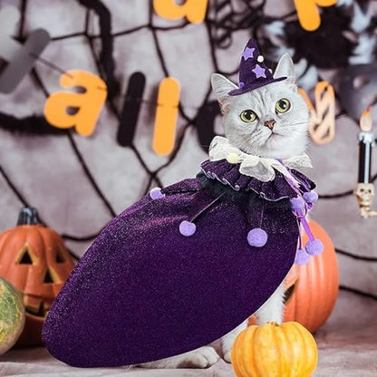 Pet Halloween Costume with Hat, Dog Clothes Cosplay Wizard Cloak for Small Puppy Kitten Animal, Shiny Cat Outfit Suit for Party