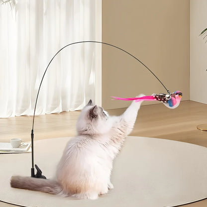 Cat Teaser Toy Wand Cat Toy Removable Suction Double Simulated Chirping Bird Game 2 In 1 For Weight Management Agility Training