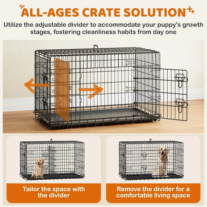 Yah 42in Double Door Dog Crate with Divider,Collapsible Metal Kennel with Removable Tray for Large Dogs Portable Travel,Black