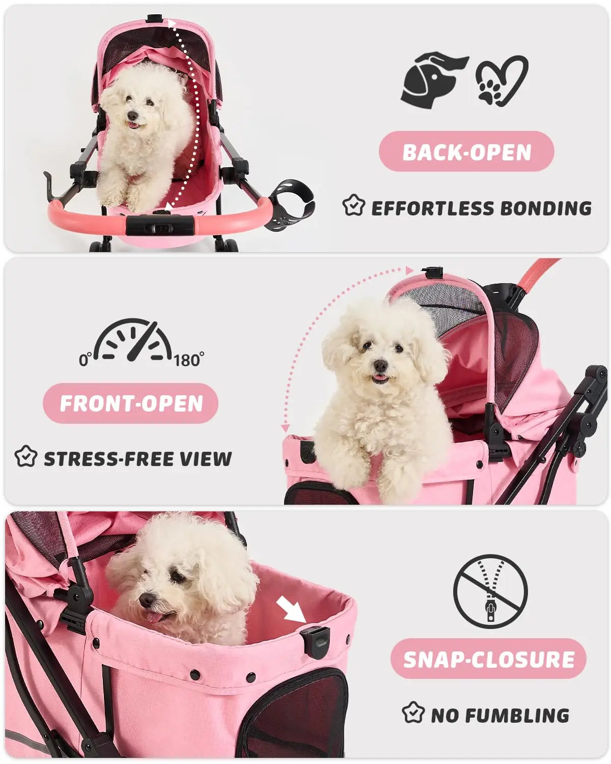 Pink Pet Stroller for Small Dogs & Cats, Foldable with 4-Wheel Shock Absorption, Adjustable Canopy & Washable Pad