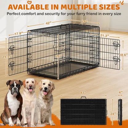 Yah 42in Double Door Dog Crate with Divider,Collapsible Metal Kennel with Removable Tray for Large Dogs Portable Travel,Black