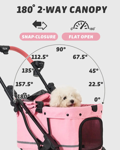 Pink Pet Stroller for Small Dogs & Cats, Foldable with 4-Wheel Shock Absorption, Adjustable Canopy & Washable Pad