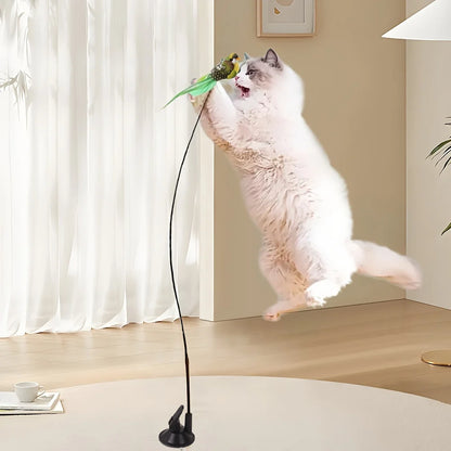 Cat Teaser Toy Wand Cat Toy Removable Suction Double Simulated Chirping Bird Game 2 In 1 For Weight Management Agility Training