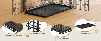 Yah 42in Double Door Dog Crate with Divider,Collapsible Metal Kennel with Removable Tray for Large Dogs Portable Travel,Black