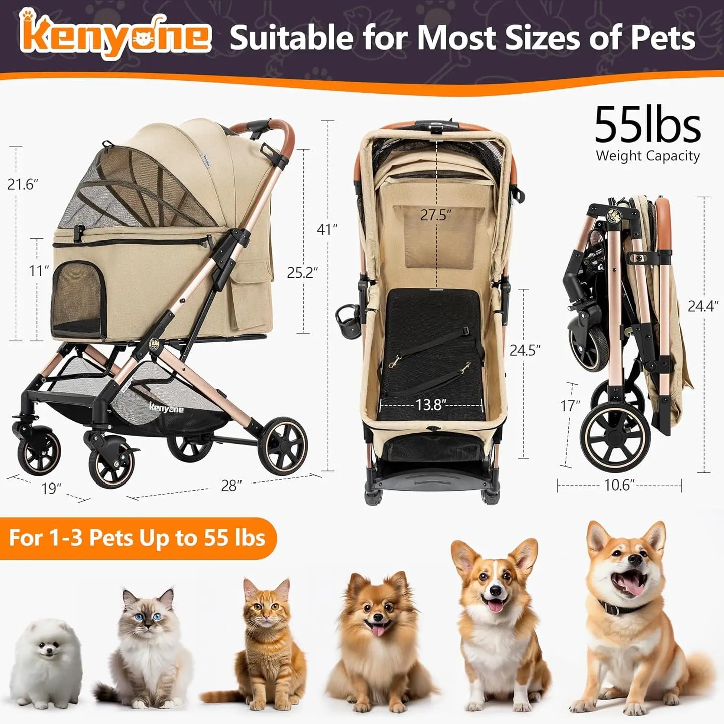 Medium Dog Stroller for Pets Up to 55lbs, Lightweight Aluminum Frame, One Click Folding, Large Cat Stroller