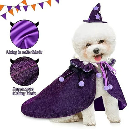 Pet Halloween Costume with Hat, Dog Clothes Cosplay Wizard Cloak for Small Puppy Kitten Animal, Shiny Cat Outfit Suit for Party