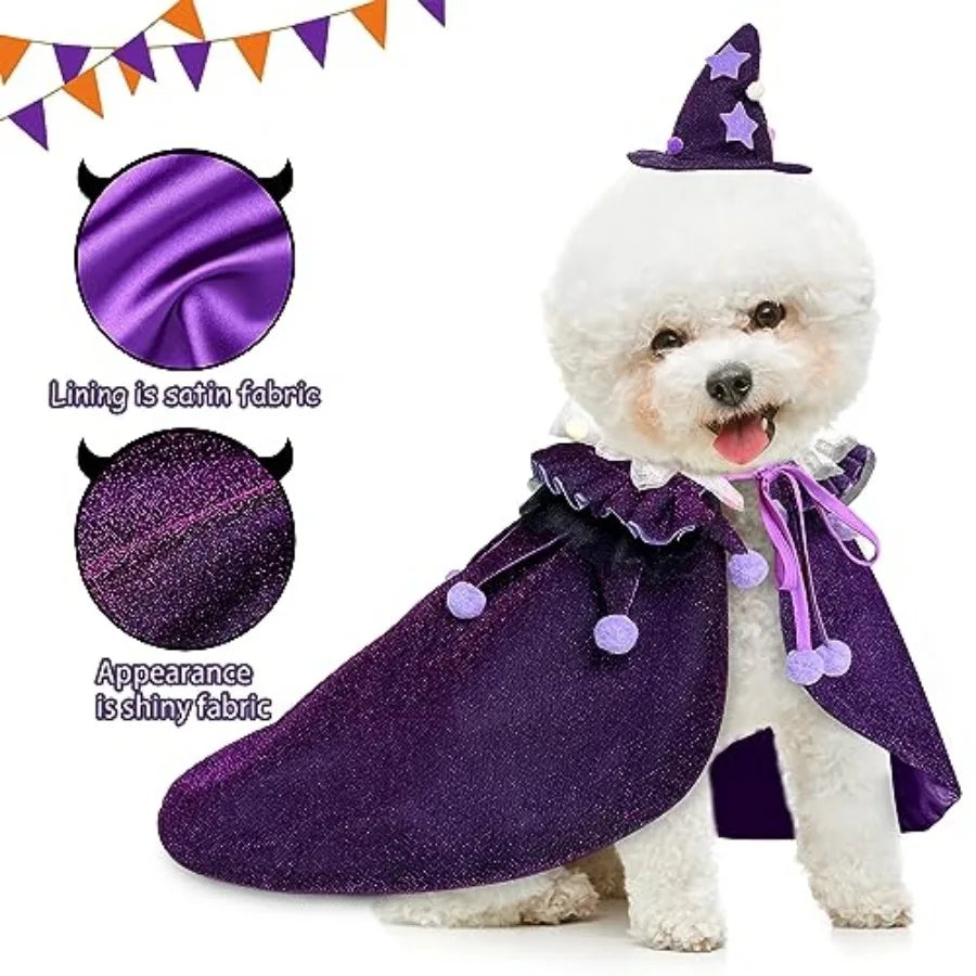 Pet Halloween Costume with Hat, Dog Clothes Cosplay Wizard Cloak for Small Puppy Kitten Animal, Shiny Cat Outfit Suit for Party