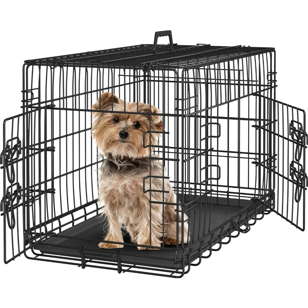 Yah 42in Double Door Dog Crate with Divider,Collapsible Metal Kennel with Removable Tray for Large Dogs Portable Travel,Black