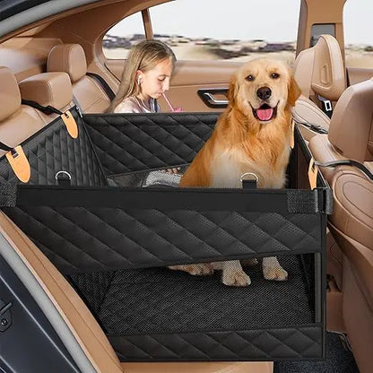 Large Dog Car Seat Back Seat Extender for Dogs with 3 Mesh Windows, Waterproof Medium Carseat for Dogs with 4-Splice Hard Bottom