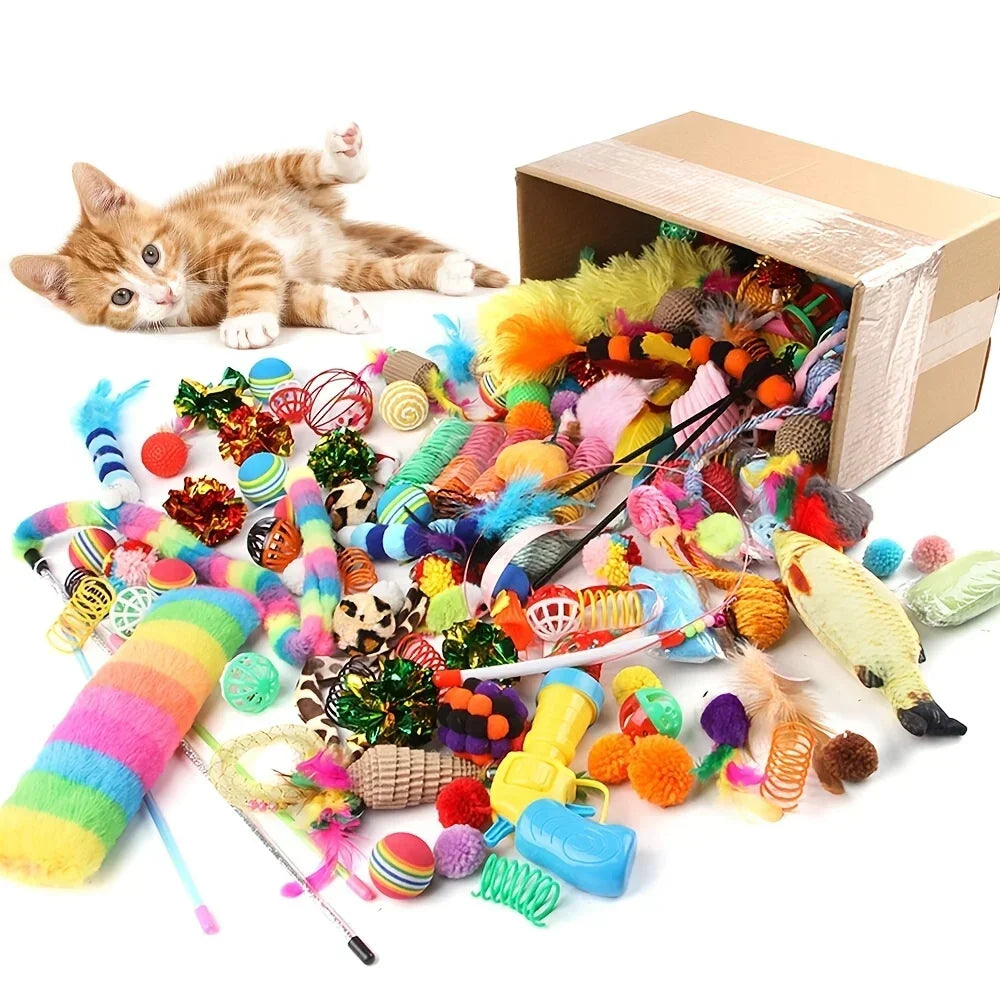 56pcs/28pcs/14pcs Pet Kitten Toys Variety Cat Toy Combination Set Cat Toy Funny Cat Stick Sisal Mouse Bell Ball Cat Supplies