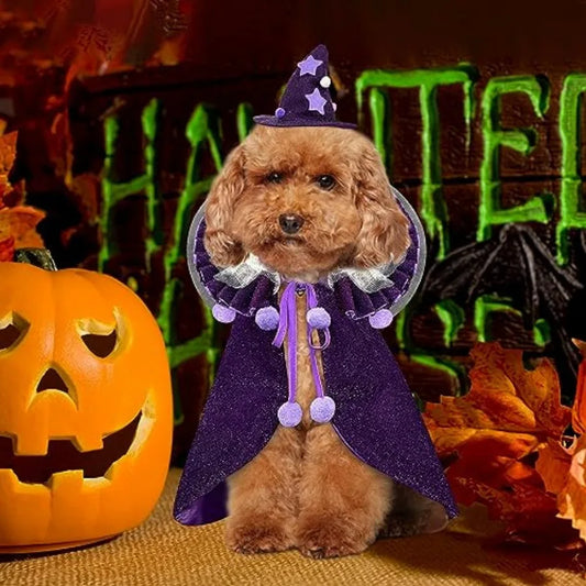 Pet Halloween Costume with Hat, Dog Clothes Cosplay Wizard Cloak for Small Puppy Kitten Animal, Shiny Cat Outfit Suit for Party