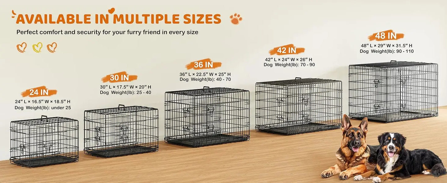 Yah 42in Double Door Dog Crate with Divider,Collapsible Metal Kennel with Removable Tray for Large Dogs Portable Travel,Black