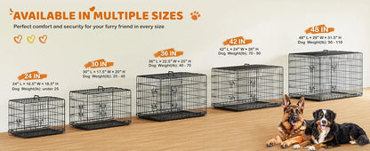 Yah 42in Double Door Dog Crate with Divider,Collapsible Metal Kennel with Removable Tray for Large Dogs Portable Travel,Black