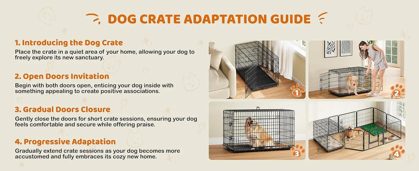 Yah 42in Double Door Dog Crate with Divider,Collapsible Metal Kennel with Removable Tray for Large Dogs Portable Travel,Black