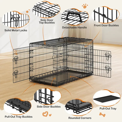 Yah 42in Double Door Dog Crate with Divider,Collapsible Metal Kennel with Removable Tray for Large Dogs Portable Travel,Black