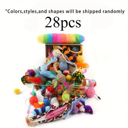 56pcs/28pcs/14pcs Pet Kitten Toys Variety Cat Toy Combination Set Cat Toy Funny Cat Stick Sisal Mouse Bell Ball Cat Supplies