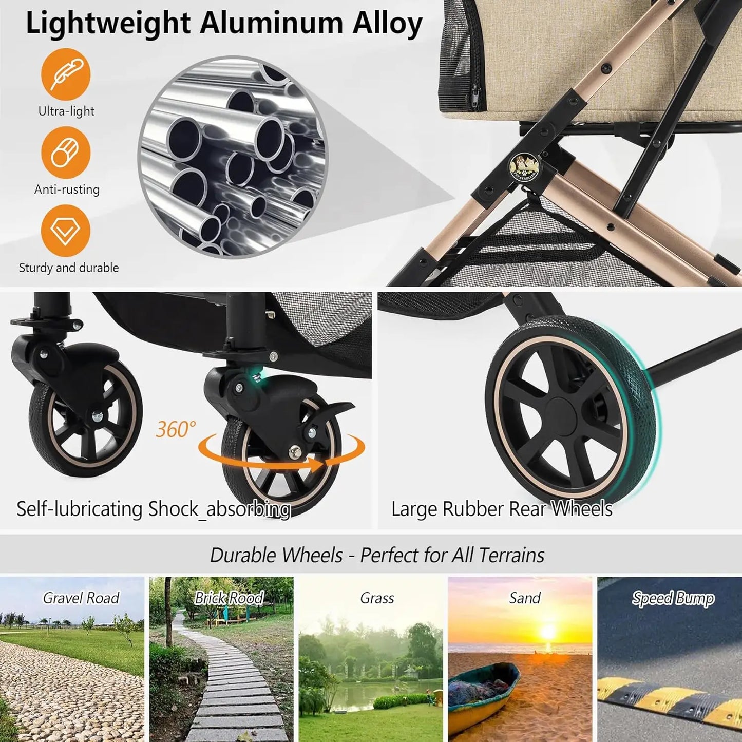Medium Dog Stroller for Pets Up to 55lbs, Lightweight Aluminum Frame, One Click Folding, Large Cat Stroller