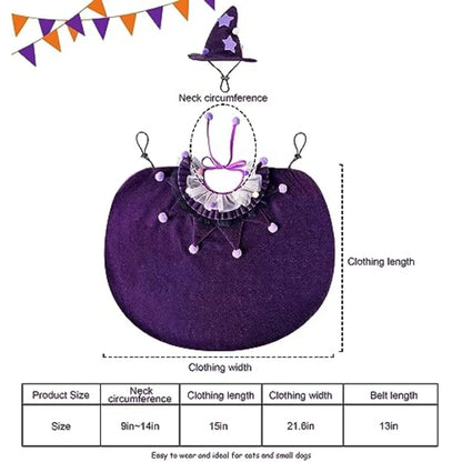 Pet Halloween Costume with Hat, Dog Clothes Cosplay Wizard Cloak for Small Puppy Kitten Animal, Shiny Cat Outfit Suit for Party