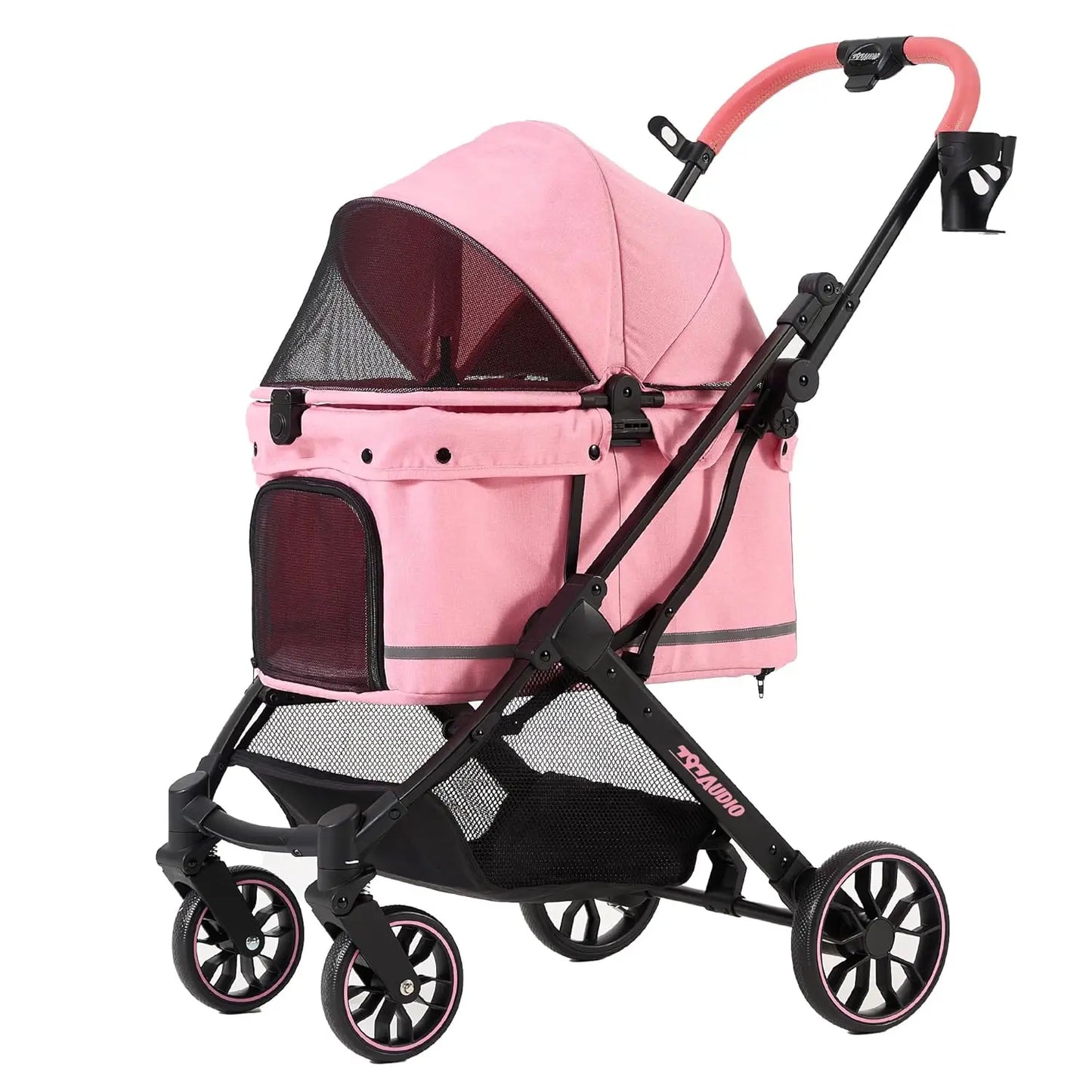 Pink Pet Stroller for Small Dogs & Cats, Foldable with 4-Wheel Shock Absorption, Adjustable Canopy & Washable Pad