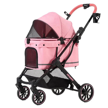 Pink Pet Stroller for Small Dogs & Cats, Foldable with 4-Wheel Shock Absorption, Adjustable Canopy & Washable Pad