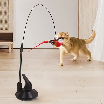 Cat Teaser Toy Wand Cat Toy Removable Suction Double Simulated Chirping Bird Game 2 In 1 For Weight Management Agility Training