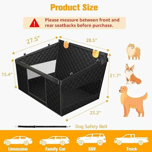 Large Dog Car Seat Back Seat Extender for Dogs with 3 Mesh Windows, Waterproof Medium Carseat for Dogs with 4-Splice Hard Bottom