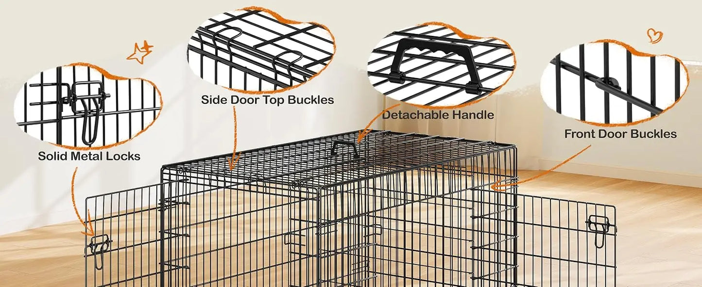 Yah 42in Double Door Dog Crate with Divider,Collapsible Metal Kennel with Removable Tray for Large Dogs Portable Travel,Black