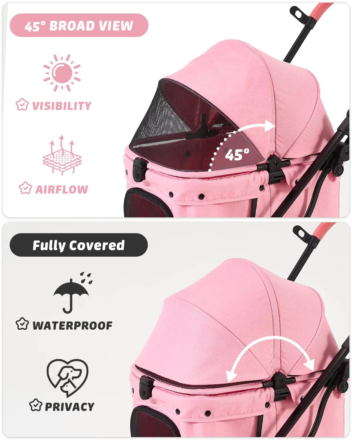 Pink Pet Stroller for Small Dogs & Cats, Foldable with 4-Wheel Shock Absorption, Adjustable Canopy & Washable Pad