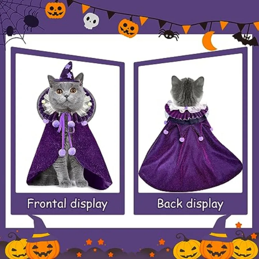 Pet Halloween Costume with Hat, Dog Clothes Cosplay Wizard Cloak for Small Puppy Kitten Animal, Shiny Cat Outfit Suit for Party